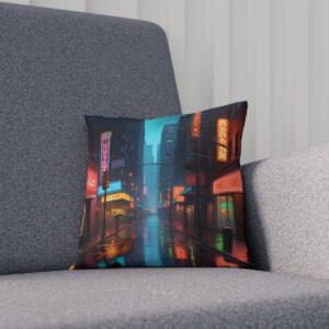 Decorative cushion with rainy cityscape print on a cozy sofa corner