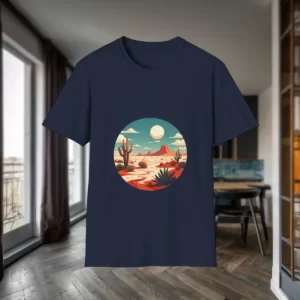 T-shirt featuring a scenic desert landscape design with cacti, a winding path, and a full moon, displayed in a modern dining area.