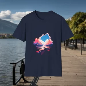 T-shirt featuring a dreamscape design with vibrant clouds, a starry sky, and a glowing reflection on water, displayed by a scenic lakeside walkway.