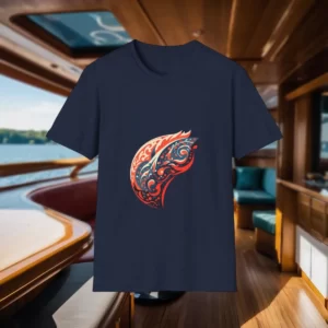 T-shirt with a tribal-inspired design featuring intricate patterns, displayed inside a luxurious boat interior.