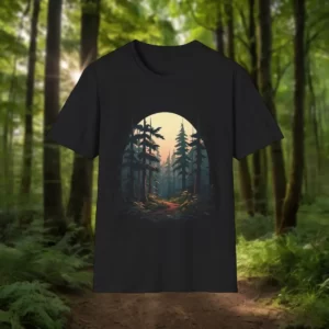 Black T-shirt featuring a serene illustration of a forest at dawn, with tall trees framing a glowing sunrise, displayed against a lush woodland backdrop.