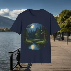 Navy T-shirt with a forest clearing design featuring a moonlit scene, trees, and a serene reflection on a calm pond, displayed against a lakeside backdrop.