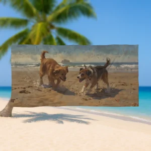Beach towel with a print of two dogs playing on the sand, displayed on a beach chair