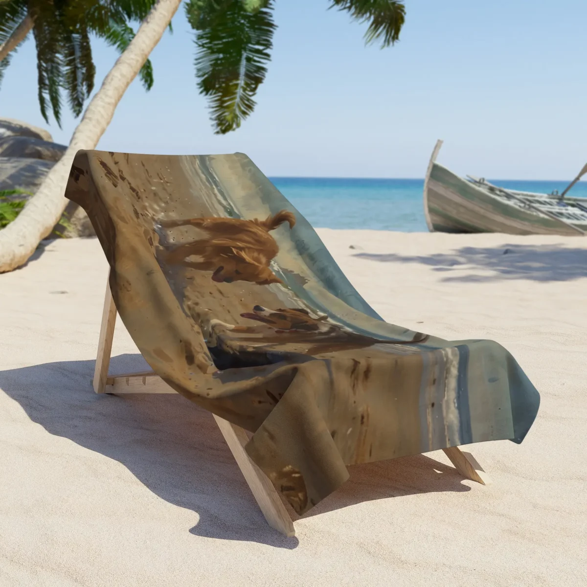 Beach towel with a dog beach scene print draped over a wooden lounge chair