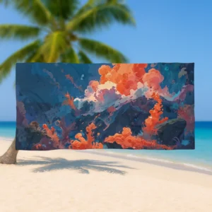 Flat display of a beach towel with a colorful underwater eruption design held up on a tropical beach
