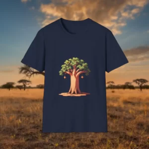 T-shirt featuring a baobab tree illustration, with a background of an African savannah during sunset.