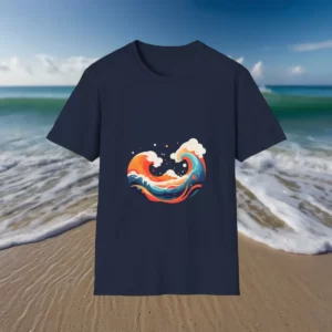 T-shirt with an abstract wave design displayed against a beach background.