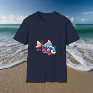 T-shirt with a colorful fish design displayed against a beach background.