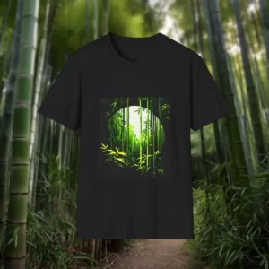 T-shirt featuring a bamboo forest design with a circular composition of green bamboo and foliage.