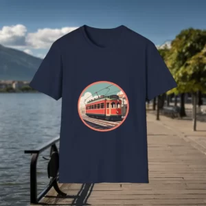 T-shirt with a historical tram graphic design, displayed on a boardwalk by a waterfront with mountains and trees in the background