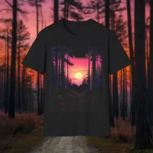 A black T-shirt with a vibrant forest sunset design featuring trees silhouetted against a pink and orange sky.