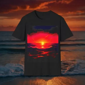 T-shirt featuring a vibrant sunset design with glowing sun over ocean waves, set against a dark background.