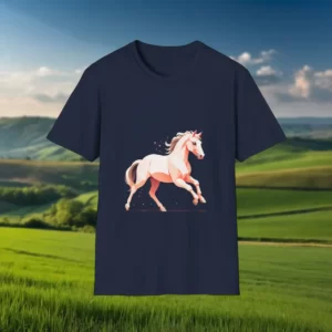 T-shirt featuring a horse graphic design, displayed with a backdrop of rolling green hills and a serene countryside landscape