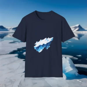 T-shirt with a graphic design of an iceberg floating in the Arctic Ocean, displayed against a backdrop of icy water and snowy mountains.