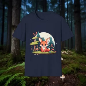 A t-shirt featuring an illustration of a cute fox sitting in a whimsical forest with mushrooms and trees under a full moon.