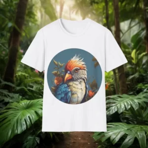 A t-shirt featuring a vibrant bird illustration with detailed feathers, surrounded by floral accents, set against a circular frame.