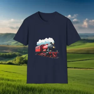 A t-shirt featuring a vintage steam locomotive design in a scenic countryside background.