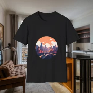 T-shirt featuring a vibrant cityscape design with skyscrapers and a sunset, displayed in a modern apartment interior.