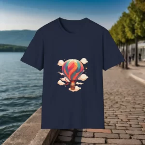 T-shirt featuring a colorful hot air balloon graphic design, displayed against a scenic waterfront setting with cobblestone pathways and trees