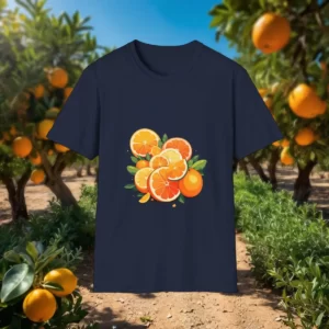 A T-shirt with a citrus fruit design displayed in an orange grove background. The design features vibrant slices of oranges, lemons, and leaves.