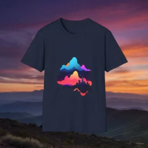 T-shirt with a colorful abstract mountain and cityscape design over a sunset background.