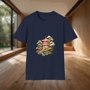 apanese tea garden t-shirt with traditional Japanese pagoda and nature-inspired design in a modern indoor setting with wooden flooring and large glass windows.