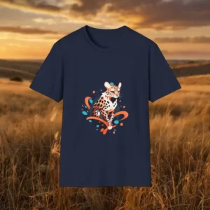 T-shirt featuring a cheetah illustration with dynamic orange and blue splash elements, displayed in a grassy savanna backdrop during sunset.