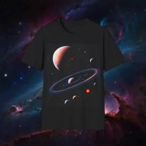 T-shirt featuring a space-themed design with planets, rings, and stars against a cosmic background.