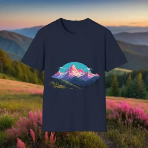 Graphic t-shirt featuring a colorful mountain landscape design with a sunrise or sunset in the background.