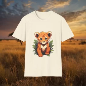 T-shirt featuring a cute lion cub design with green leaves in the background.