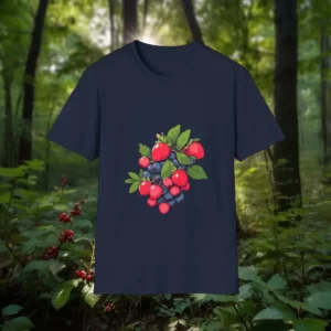 T-shirt featuring a vibrant design of berries with green leaves, displayed against a forest background.