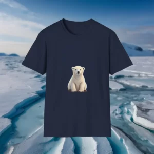 T-shirt featuring a design of a cute polar bear sitting, displayed against an icy Arctic landscape.