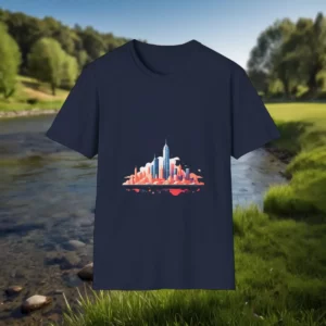 T-shirt featuring a colorful cityscape design with skyscrapers, displayed by the side of a tranquil river in a natural landscape.