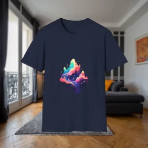 T-shirt featuring a colorful abstract aurora-inspired design, displayed in a modern apartment interior.