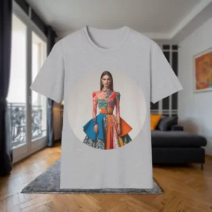 T-shirt featuring a design of a woman in an iconic, colorful fashion style with intricate patterns, displayed in a modern living room setting