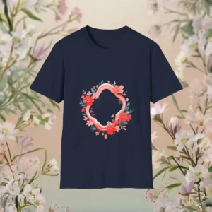 T-shirt with a floral wreath design surrounded by a decorative frame in vibrant shades, placed on a floral background.