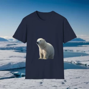 T-shirt featuring a polar bear design against an Arctic backdrop with icebergs and snow.