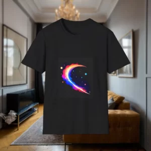 T-shirt featuring a vibrant abstract comet design with cosmic elements, displayed in a modern apartment interior.