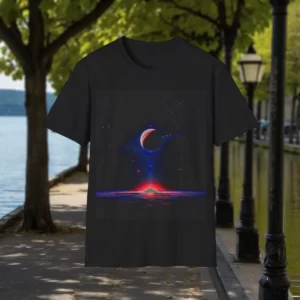 T-shirt featuring an interstellar horizon graphic design with a glowing planet, cosmic lights, and a futuristic landscape, displayed against a tree-lined lakeside path