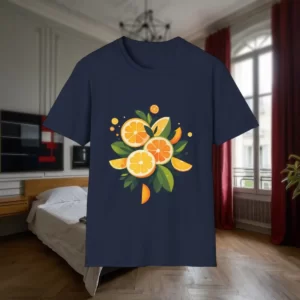 T-shirt featuring a citrus fruit design with leaves and slices, displayed in a modern apartment bedroom.