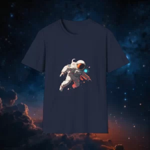 T-shirt with an astronaut design floating in space with a cosmic background.