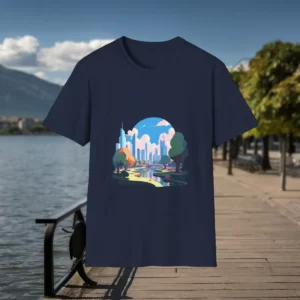 T-shirt featuring an illustration of a futuristic city park with colorful trees, a winding river, and modern skyscrapers under a bright sky, displayed in a serene lakeside setting.