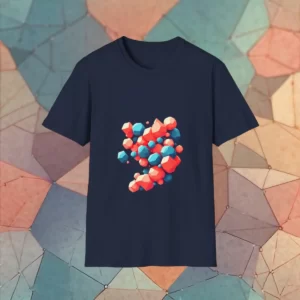 T-shirt with a geometric cluster design of colorful 3D shapes, set against a polygonal background.