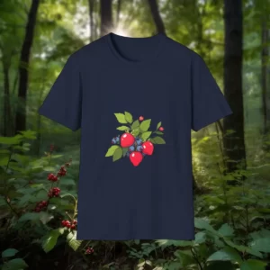 T-shirt featuring an illustration of red and blue berries with green leaves, displayed against a forest background.