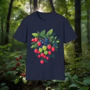 T-shirt featuring an intricate illustration of red, green, and blue berries with green leaves, displayed against a forest background.