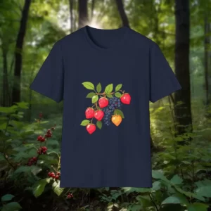 T-shirt featuring an illustration of red, yellow, and blue berries with green leaves, displayed against a forest background.