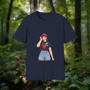 T-shirt featuring an illustration of a stylish woman wearing a berry-themed outfit, set against a forest background.