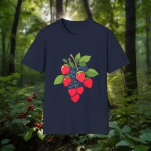 T-shirt featuring an illustration of red and blue berries with green leaves, displayed against a forest background.