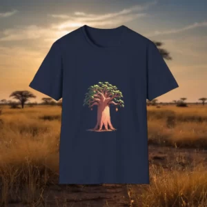 A t-shirt with a colorful illustration of a baobab tree, set against a serene African savanna backdrop at sunset.