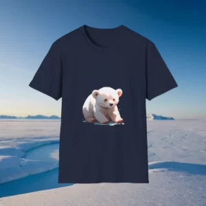 T-shirt with a cute polar bear illustration on an icy Arctic landscape background.